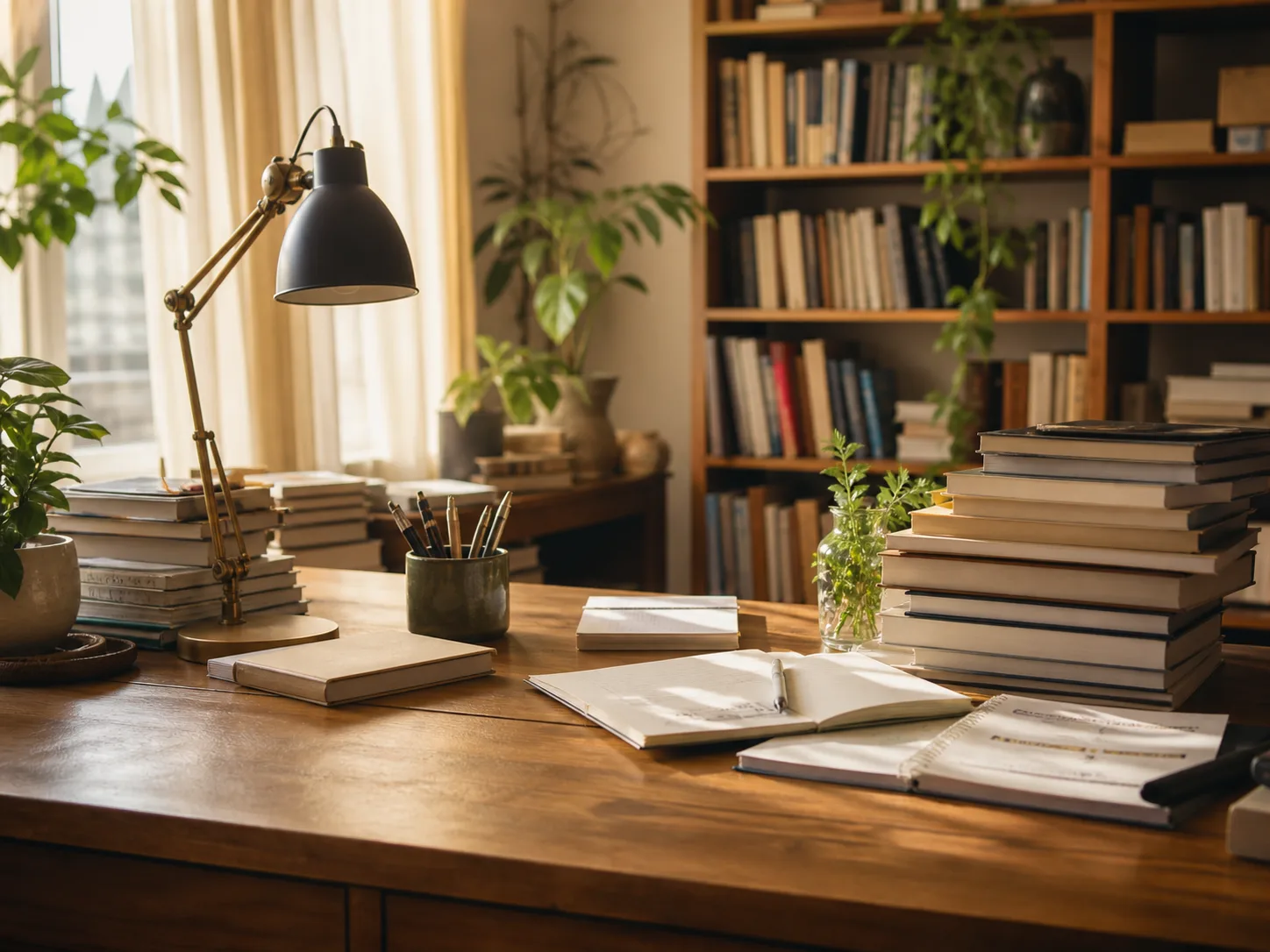 Tavolo di lavoro editoriale con libri e manoscritti
