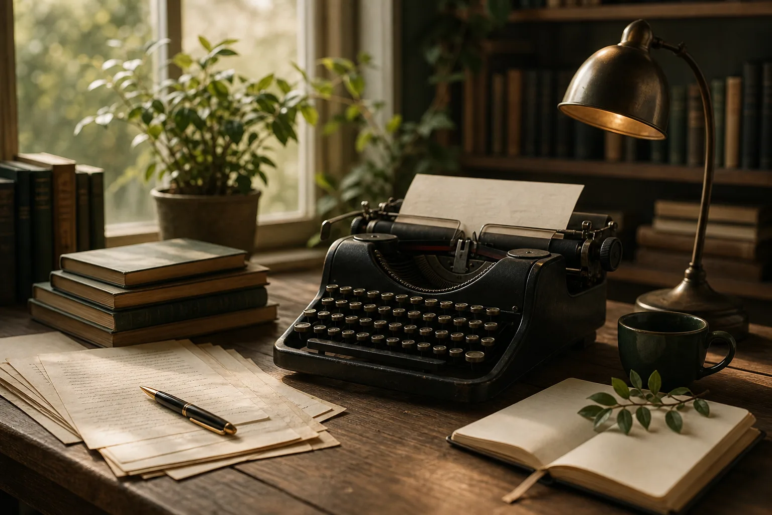 Macchina da scrivere con manoscritti e libri su una scrivania